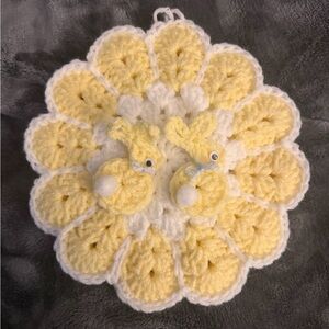 Handmade Yellow and White Crochet Flower Trivet and bunny magnets